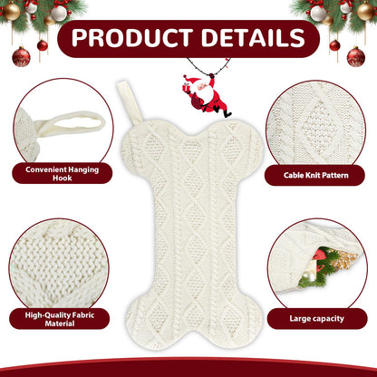 KCFESTIHUE Christmas Stocking, Large Dog Bone Shape, Super Soft Cable Knit Pattern, 18", Fireplace Hanging Holiday Decoration, Knitted Xmas Stockings for Pets, Family Party Décor, White