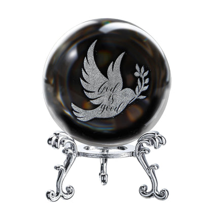 ZEERSHEE 60mm Glass Peace Dove Ball Laser Etched Dove with Olive Branch Crystal Pigeon Ornament with Stand Decor for Home Table