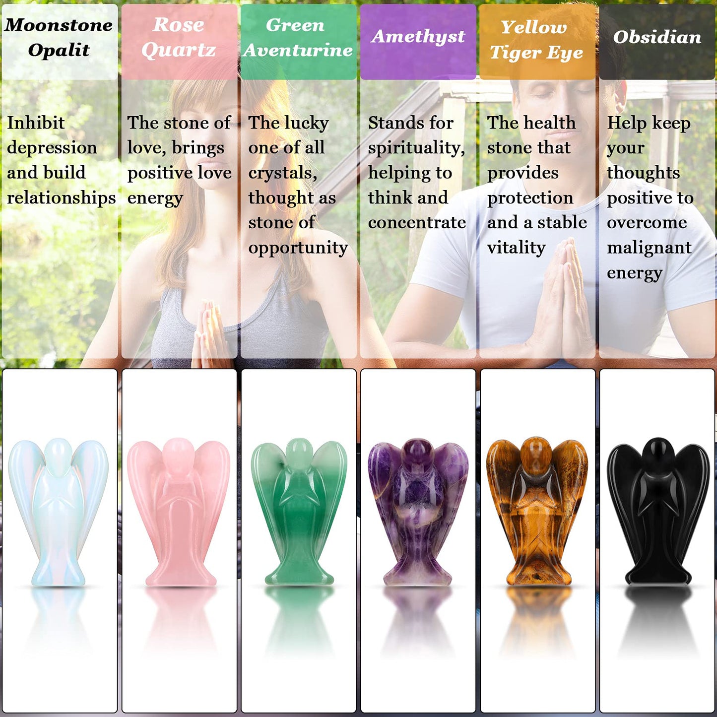 Hicarer 6 Pcs Small Crystal Angel Figurines Mini Guardian Statue Natural Gemstone Carved Pocket Crystal Figurines Stones Decor Gift 1.5 Inch Love Peace Healing(Bright Color)