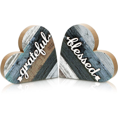 Jetec 2 Pcs Rustic Wooden Heart Table Decor, Daisy Farmhouse Home Decor, Bless This Home & Be Kind Sign for Living Room, Dining Room, Shelf & Mantel, Ideal Housewarming & Birthday Gift(Grateful Style)