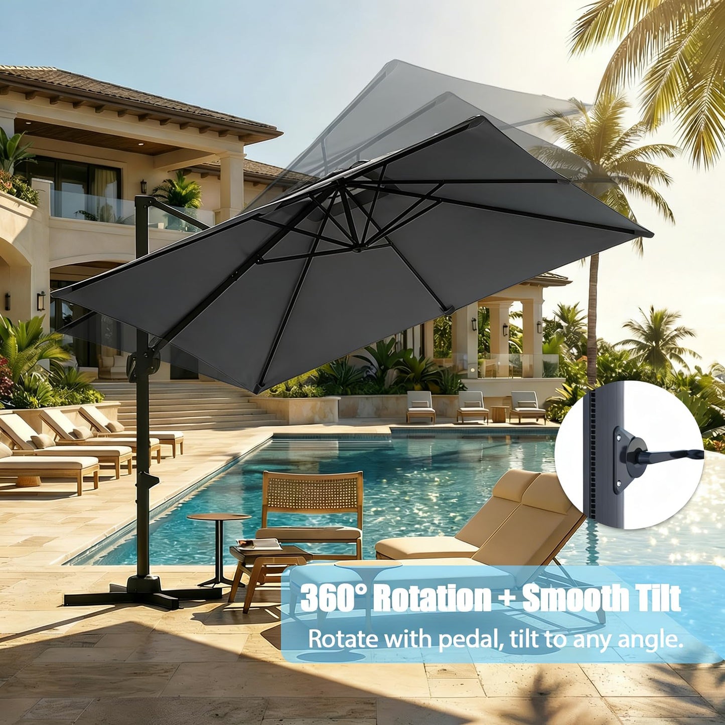 GarveeLife Large Cantilever Patio Umbrella, 10 ft X 10 ft Heavy Duty Aluminum Cantilever Offset Outdoor Umbrella with 360-Degree Rotation for Backyard, Deck, Pool (Grey)
