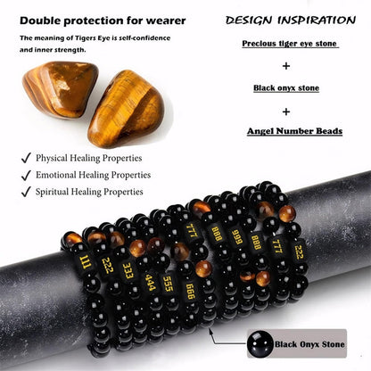 Angel Number Bracelet for Women – Black Onyx & Tiger Eye Adjustable Crystal Bracelet for Healing, Protection, Manifestation – Spiritual Jewelry Gift Box Included - 555