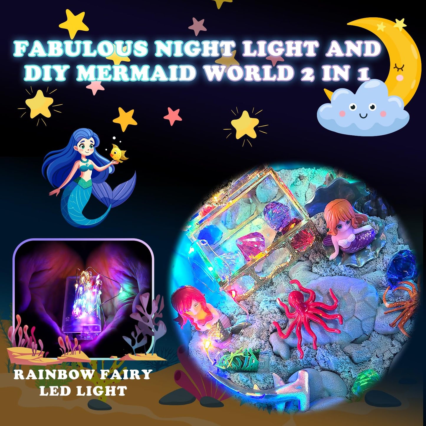 GAIETYDIY Mermaid Sensory Bin for Girl, Magic Sand Art Kit with LED Light, 2.2lbs Sensory Sand, Ocean Sea Animals, Sand Box with lid, Mermaid Toy Christmas Birthday Gift for Girls Ages 3 4 5 6 7 8…