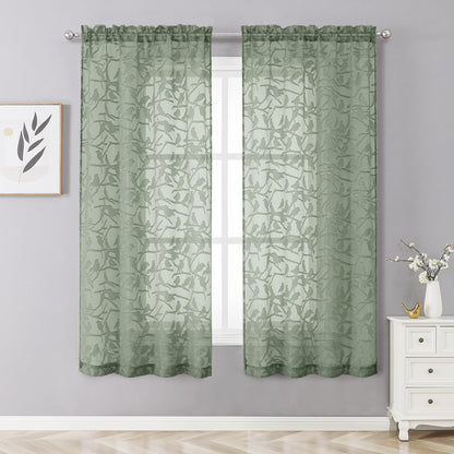 OVZME Sage Green Sheer Curtains 63 Inch Length 2 Panel Set, Light Filtering Bedroom Curtains with Dual Rod Pocket Top, Leaf Bird Clip Jacquard Sheer Farmhouse Window Drapes for Living Room, 2x38Wx63L