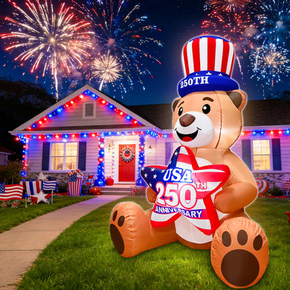 4 Ft Inflatable Uncle Sam Bear with USA 250th Anniversary Star Build-in LED Lights Blow up 4th of July Outdoor Decorations for Home Yard Lawn Garden Independence Day Memorial Day Decor