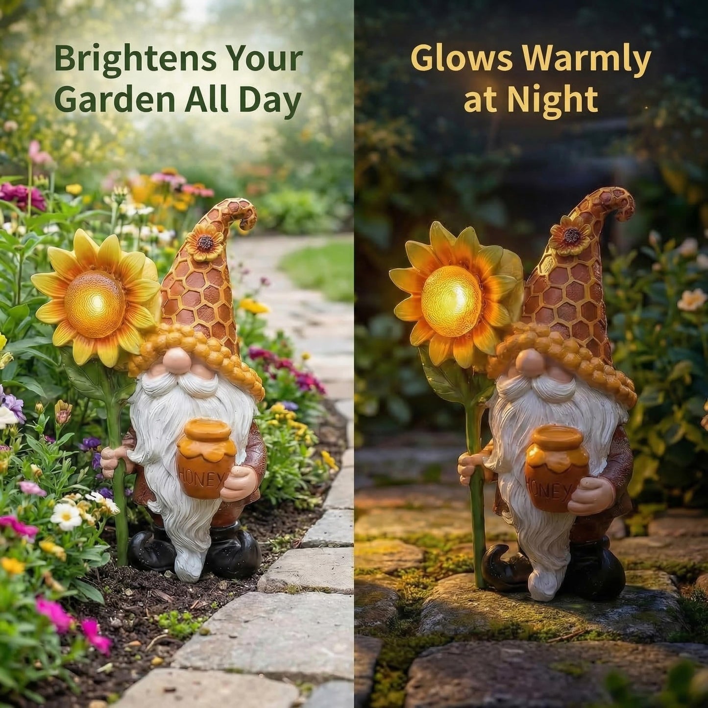 Lyeasw Solar Garden Gnome Statues with Sunflower Light - Outdoor Yard Decor - Honey Pot Gnome Figurines for Patio Lawn Walkway & Backyard, Unique Welcome Garden Gifts for Mom & Grandma