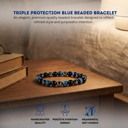 Cherry Tree Collection Triple Protection Blue Beaded Bracelet – Genuine 8mm Gemstone Stretch Bracelet for Men & Women – Handmade Crystal Bracelet - (Triple Protection Blue - M)