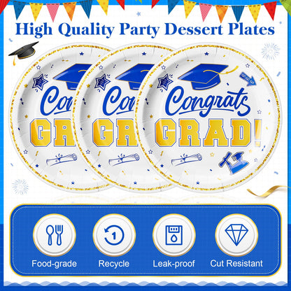 Sabary Blue White Gold 100 Pcs Graduation Paper Plates 2026 7 Inch Graduation Party Supplies Class of 2026 Decorations Congrats Grad Plates Disposable Plate Tableware (Classic)
