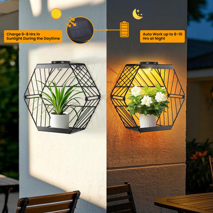 GOESWELL Wall Plant Holder with Solar Light: Outdoor Waterproof Wall Lamp Metal Plant Stand Decor for Garden Yard Porch Patio Balcony Fence