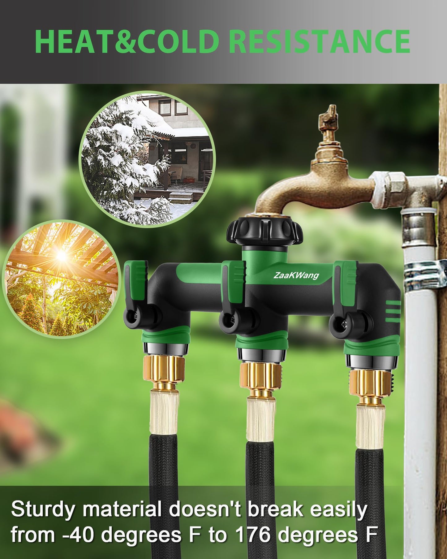 ZaakWang Garden Hose Splitter, 3 Way Hose Splitter, Heavy Duty Water Hose Bib Spigot Splitter, Outdoor Faucet Splitter with Shutoff Valve, T Adapter Connector with 3/4 - Inch GHT Thread (Green)