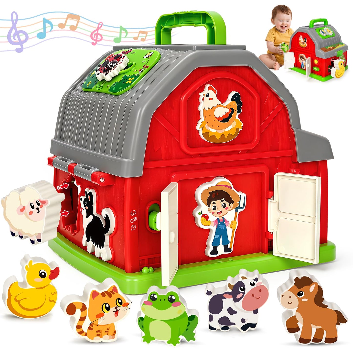 Toddler Toys for 1 2 3 Year Old Boys Girls, Upgraded Musical Farm Animal Barn Toy Gifts, Montessori Fine Motor Skill Learning & Educational Toys, Christmas Birthday Gift for Baby 12-18 Months+