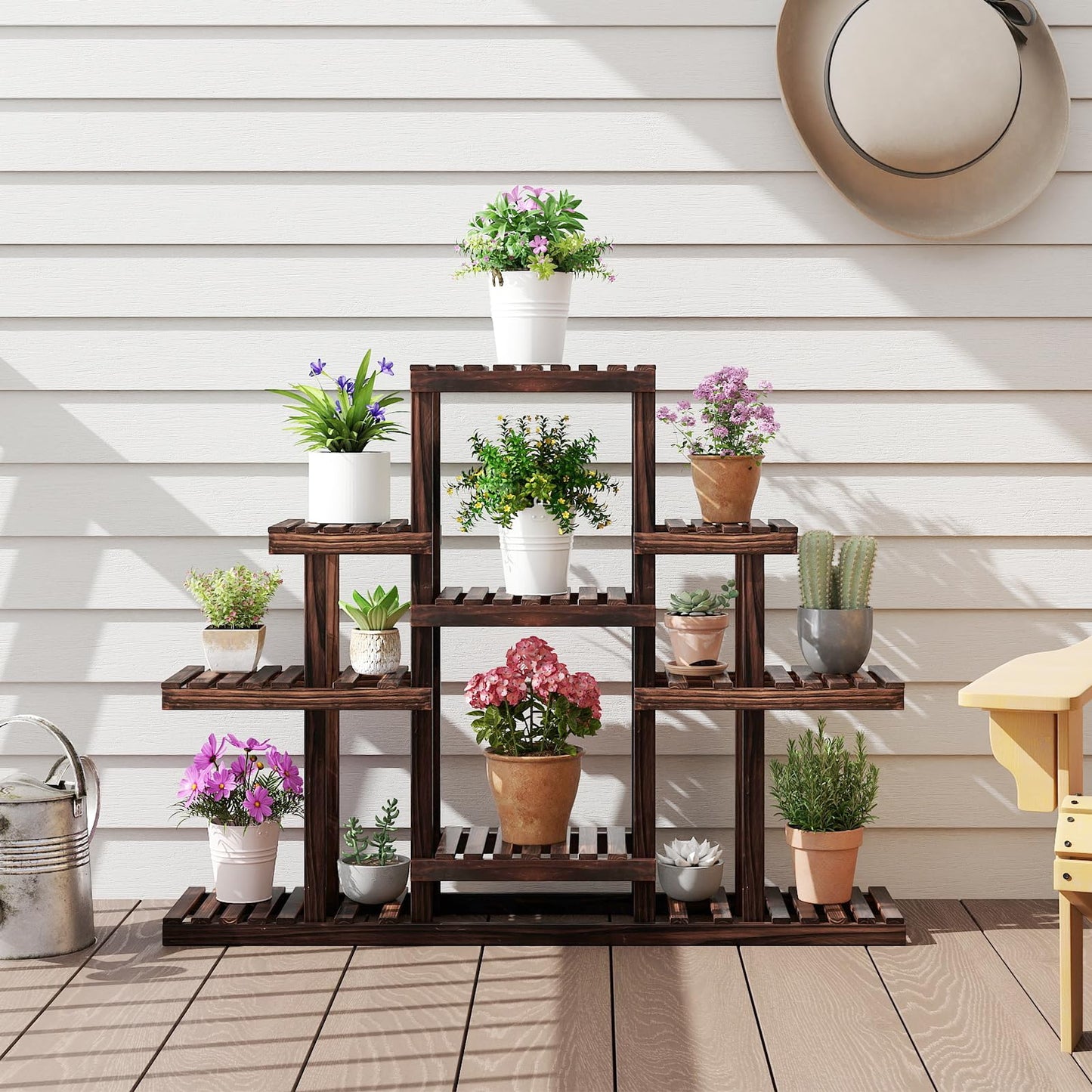 COSTWAY 6-Tier Multifunctional Wood Flower Stand, Shelf Holder for Multiple Plants, Freestanding Plant Rack for Garden, Patio, Balcony, Living Room, Indoor, Outdoor