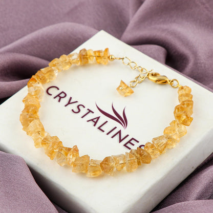 CRYSTALINES Natural Raw Yellow Citrine Gemstones Bracelet, Assorted Rough Stones, Healing Crystals, Handmade Hypoallergenic Jewelry for Women, November Birthstone, Gold Plated Chain 7+1inch