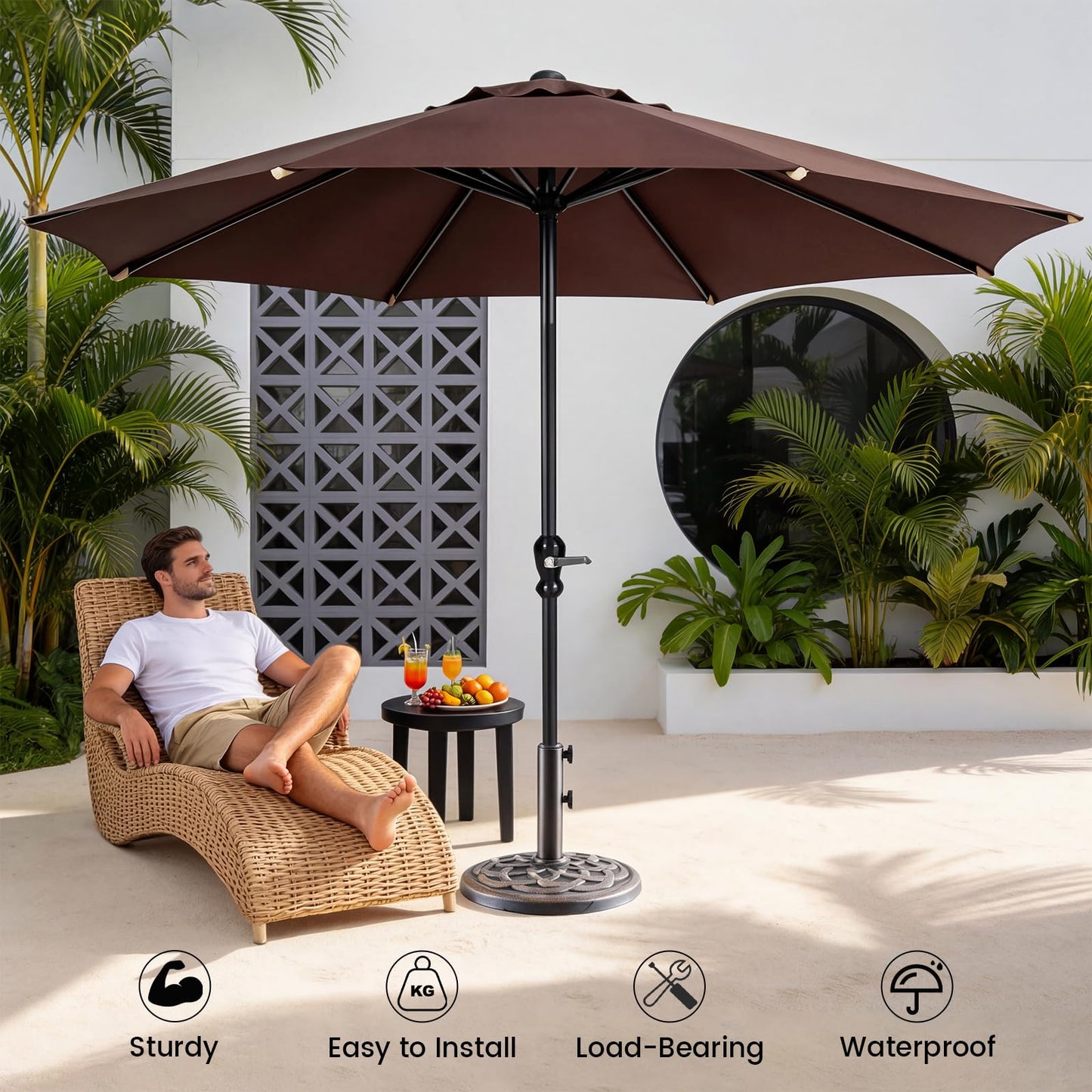 DUMOS 22LBS Heavy-Duty Outdoor Umbrella Base, Weather-Resistant Resin Patio Umbrella Stand, Rust-Proof Coated Umbrella Holder for Garden/Pool/Backyard, 2 Securing Knobs, 2 Pole Adapters, Bronze