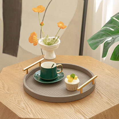 MACVAD 2 Piece Coffee Brown Round Serving Tray with Handles, Woven-Texture Faux Leather Ottoman Tray for Living Room, Decorative Tray for Coffee Table Home Decor