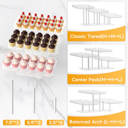 EffiQ-Rate 3 Tier Cupcake Stand, Transparent Acrylic Dessert Table Display Set, Adjustable Tiered Cupcake Holder Tower for Baking Serving on Weddings, Baby Showers, Birthday Party Buffet