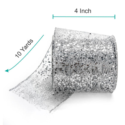 CT CRAFT LLC Sparkling Glitter Mesh Wired Ribbon 4" x 10 Yards Silver for Christmas Home Decor Bow Gift Wrapping DIY Crafts Wreath