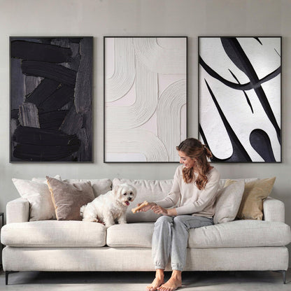 OurWarm 3D Large Framed Black and White Abstract Wall Art for Living Room, 3 Piece Big Minimalist Meutral Textured Modern Wall Art, Wall Pictures for Living Room Hallway Office Wall Decor 24x36 Inch