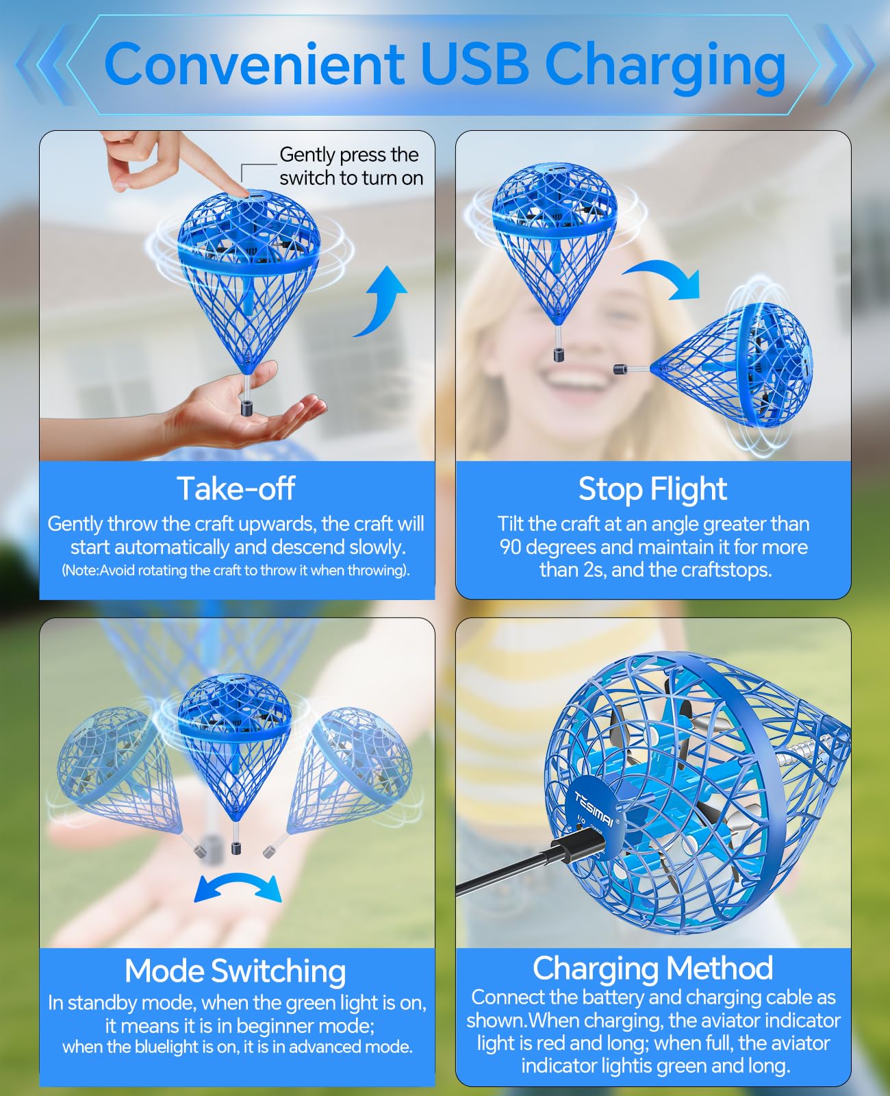 Speokoy Hand Operated Mini Drones, Magic Flying Orb Ball Toys with Lights, Rechargeable Flying Spinner Outdoor Toys, for 6 7 8 9 10+ Year Old Boys Girls Teens