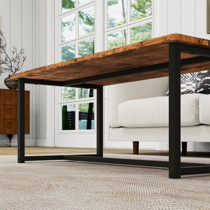 JUISSANO Coffee Table Rectangular Center Table for Living Room Open Space Side Table with Metal Frame, Easy Assembly, Black+ Rustic Brown Wood Coffee Table