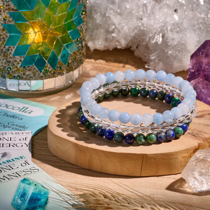 Bivei 3-Piece 4mm Beaded Bracelets for Women - Chrysocolla, Clear Quartz, Aquamarine - Handmade Natural Crystal Stretch Elastic Jewelry Yoga Meditation Protection Gifts