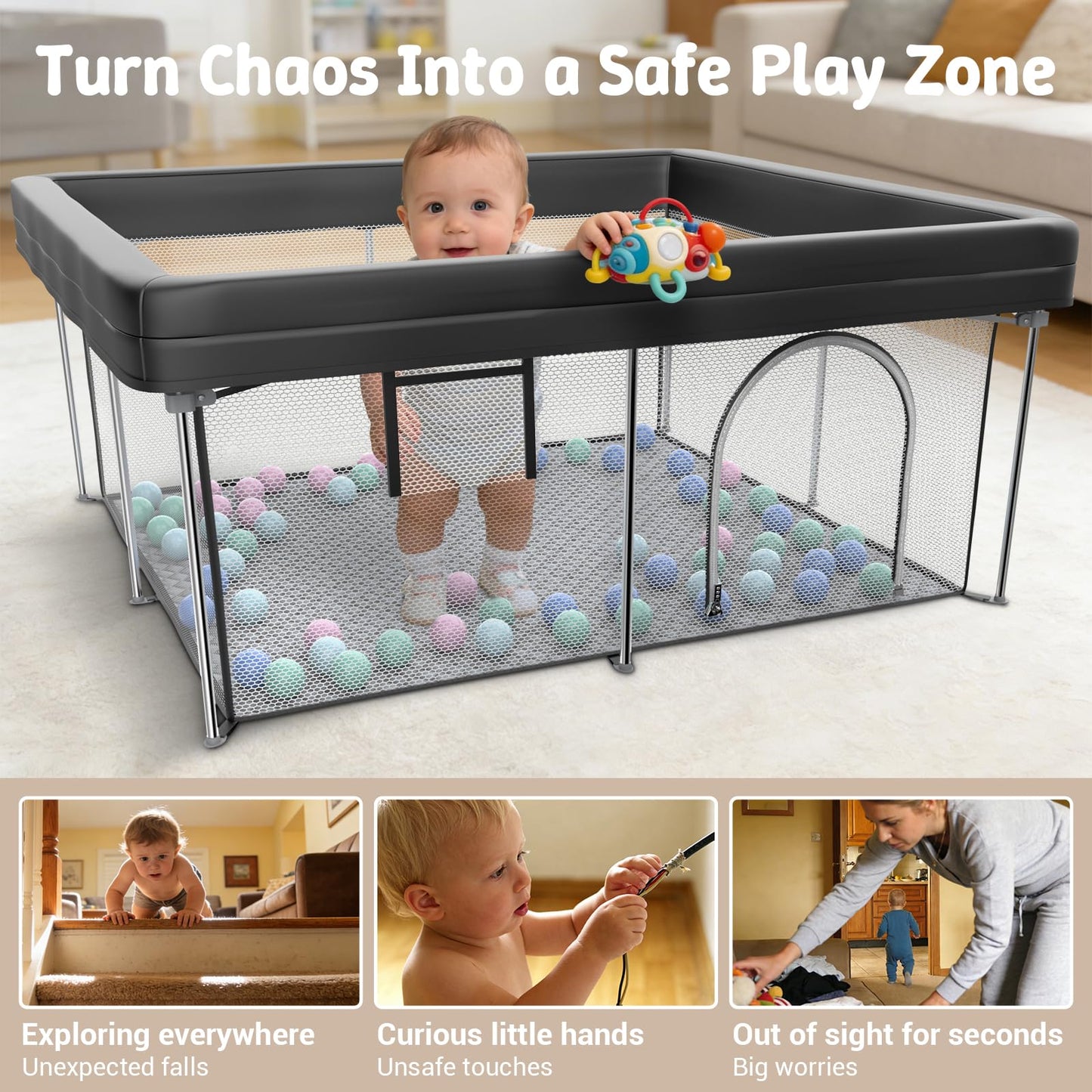 Desque Foldable Baby Playpen with Mat, 50"×50" Collapsible Play Yard for Babies and Toddlers, No Assembly Required, Kids Safety Play Area with 4 Handles, 50 Balls and Visible Mesh, Black