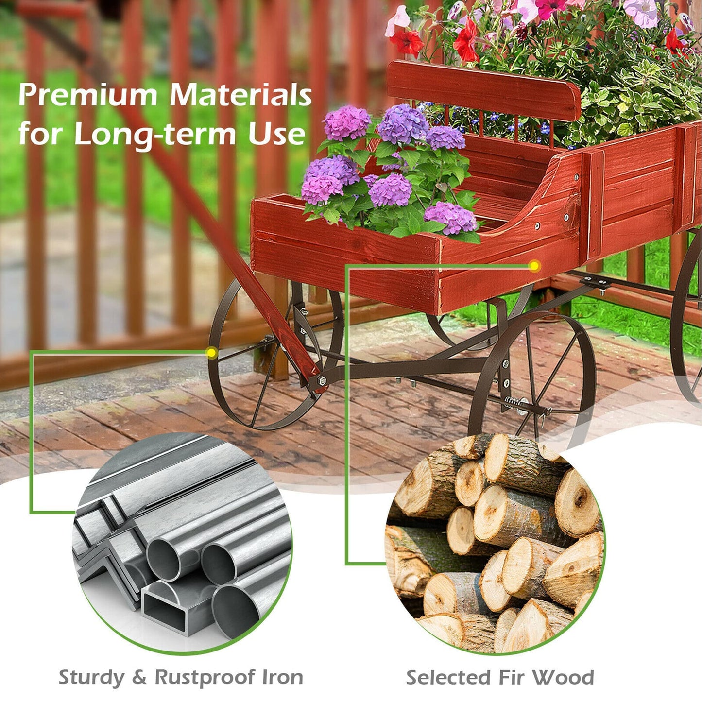 DORTALA Wood Wagon Planter, Outdoor Garden Flower Planter Cart with Wheels, Small Decorative Wood Raised Bed Plant Pot Box Stand for Backyard, Patio, Balcony, Red