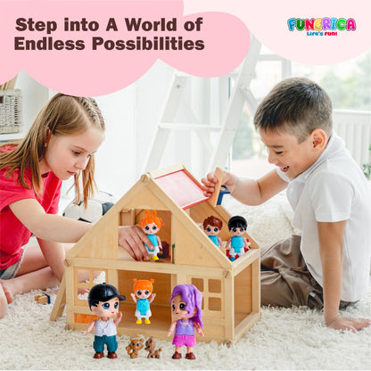 FUNERICA Dollhouse Family Figures & Pets – Poseable Family Dolls Playset – Miniature Dollhouse People for Doll House Accessories - Compatible with 1:12 & 1:24 Scale Wooden and Plastic Dollhouses