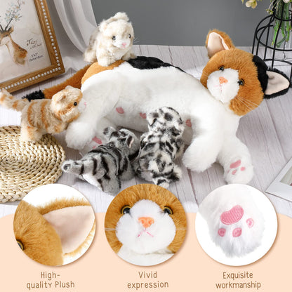 Skylety Nurturing Cat Stuffed Animal with 4 Plush Kittens, Cats Baby Stuffed for Girls Boys Plushy Mommy Kitty with Baby Kittens for Birthday Party Favors Gifts(Lovely Style)