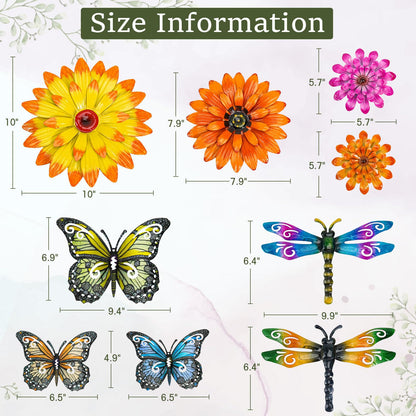 Orgthin 9 Pack 9.9" Metal Butterfly Dragonfly Flower Wall Decor, Fence Wall Art Decor, Hanging Decoration for Garden Yard Living Room Bedroom Patio Balcony