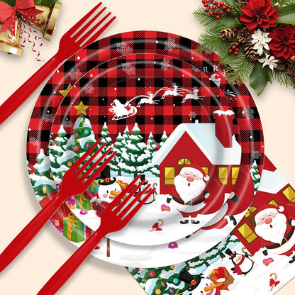 AWLZJZQA 122 PCS Christmas Party Supplies Serve 24 Guests Merry Christmas Plates and Napkins Party Decorations Disposable Dinnerware Decor Snowman Santa Claus Red Grid