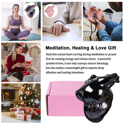 Black Obsidian Crystal Heart Figurines, 2.1 Inch Crystal Heart Love Statue for Home Decor, Meditation and Stress Relief, Hand Carved Natural Healing Stone Cardiac Sculpture Spiritual Gift for Women