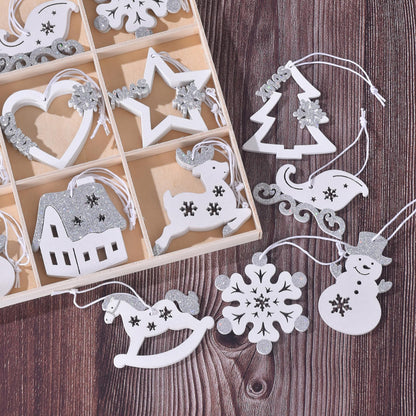 27Pcs Pieces Christmas Wooden Tree Decorations, White Silver Hanging Ornaments Set, Winter Holiday Party Snowflake Elk Snowman Decor Crafts for Xmas Wonderland Home Door Wall Window Box (White Silver)