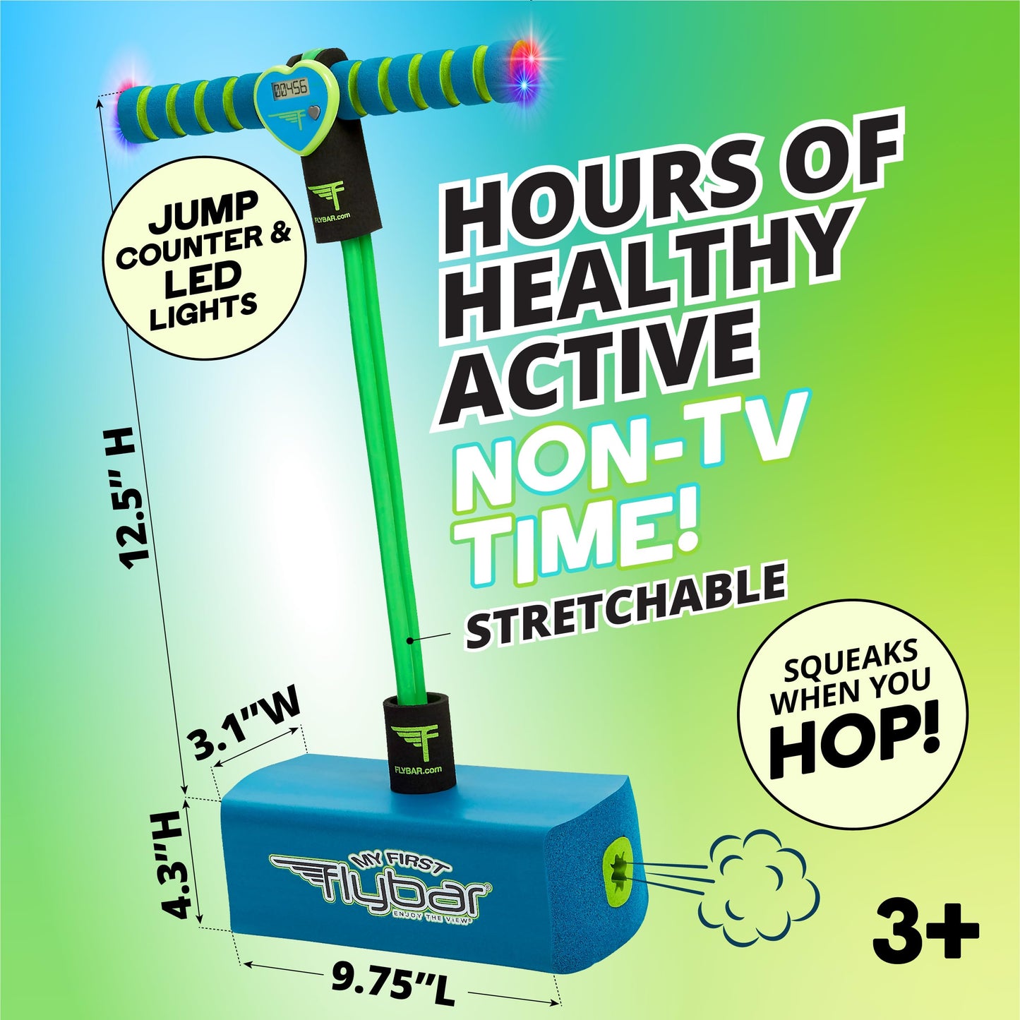 Flybar My First Foam Pogo Jumper for Kids Fun and Safe Pogo Stick for Toddlers, Durable Foam and Bungee Jumper for Ages 3 and up, Supports up to 250lbs (Blue LED)