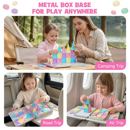 burgkidz Mini Magnetic Tiles Girls Travel Toy- 40 PCS Macaron Magnet Blocks with Pink Tin Box - 120 Mins Quiet Play for Airplane Car Essentials, Present for Girls Ages 3-8 Year Old