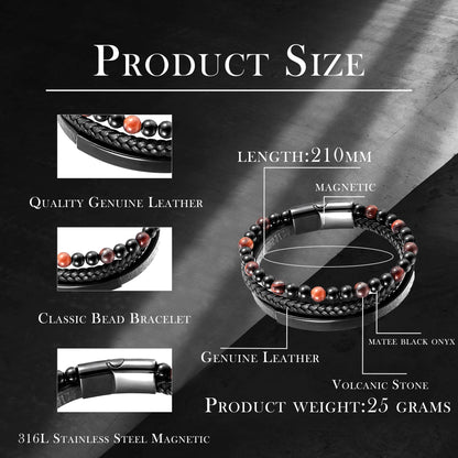 Raymard Mens Tiger Eye Matee Black Onyx Lava Rock Volcanic Stone Beaded Bracelet, Black Braided Leather Bracelet for Men-Matee Black Onyx&Lava Rock