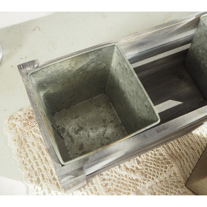 SOFE Rustic Wood Planer Box with 3 Galvanized Planter Pot, Indoor Windowsill Herb Garden Organizer, Plant Containers for Flower Succulent, Distressed Gray Finish
