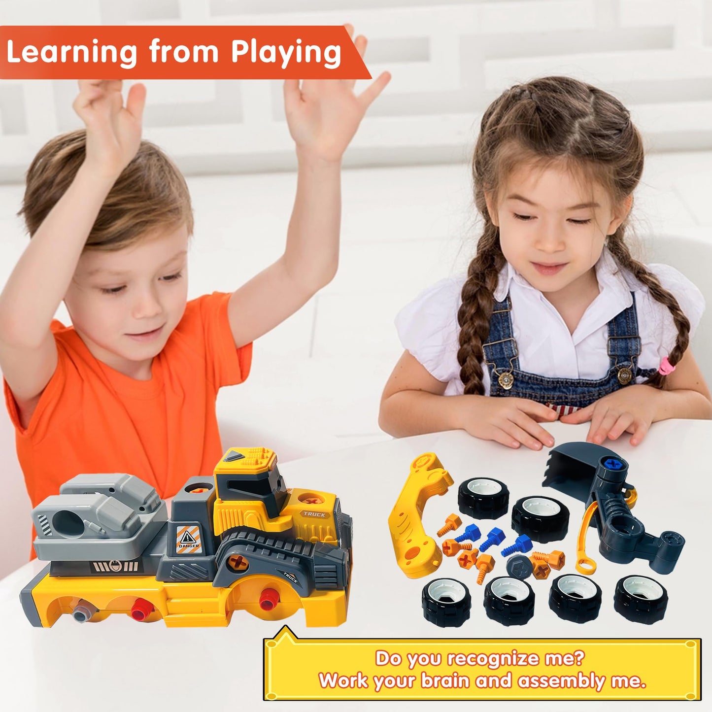 EKU EASYKU 11inches Large Take Apart Construction Toys Excavator Truck for Boys Girls Kids 3-5 6-8 Electric Drill Set Assembly Building Toys