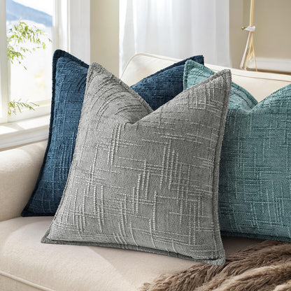 decorUhome Chenille Throw Pillow Covers 20x20 Set of 2, Thick Textured Slubby Neutral Decorative Pillow Covers with Elegant Design for Couch, Sofa, Living Room, Navy Blue