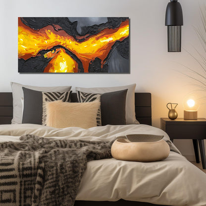 GUGIKA Abstract Wall Art for Living Room, Hand Painted 3D Textured Magma Paintings, Black and Gold Yellow Volcanic Lava Canvas Wall-Decor for Bedroom, Size 40 x 20 Inches