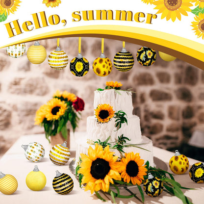 Zeyune 16 Pcs Sunflower Tree Ornaments Summer Decorations for Small Tree Yellow Sequin Ball Ornaments Sunflower Hanging Decorations with Ropes for Summer Holiday Party Supplies(Cute)