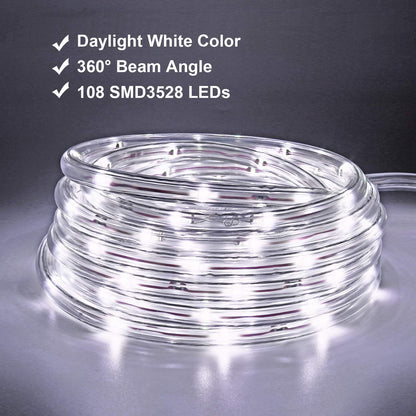 Areful LED Rope Lights, 16ft Daylight White Strip Lights with Clear PVC Jacket, Connectable and Flexible, Waterproof for Indoor Outdoor use, 110V Plugin Tape Lighting with High Brightness 3528 LEDs