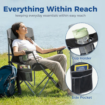Matrasco Outdoor Camping Chair 2-Pack with Mesh Back, Folding Portable Lawn Chairs with Cup Holder & Side Storage Pocket for Camping, Beach, Picnic, Fishing(Black)