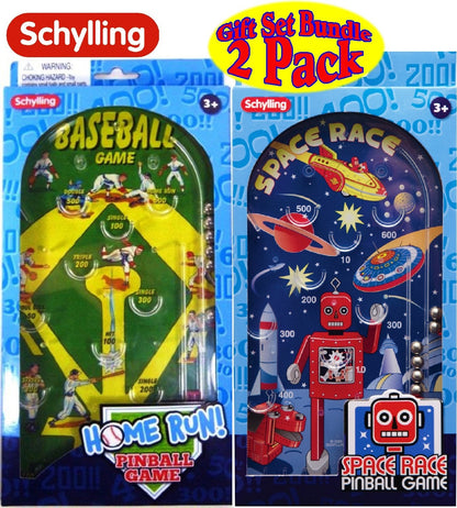Schylling Classic 10" Pinball Games Space Race & Home Run! Baseball Gift Set Bundle - 2 Pack