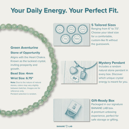 BANANE LAB Green Aventurine Beaded Bracelet with Mystery Polished Crystal Pendant - 4mm Real Natural Gemstone Beads for Women Men - Luck Prosperity Healing Gift for Her him - Fits 6.75" Wrist