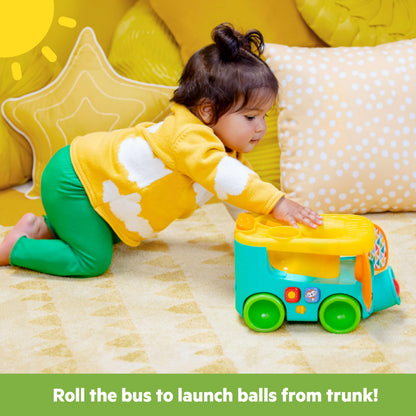 Bright Starts Pop & Roll Safari Bus Ball Play Toy, Elephant Popper and Launcher, Baby Crawling Toy, Unisex, Ages 6 Months+