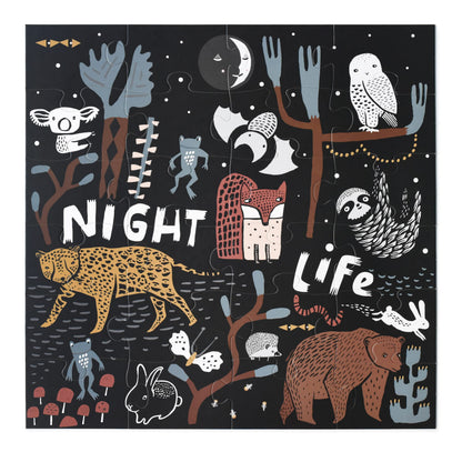 Wee Gallery Fine Motor Practice Bundle - Night Life Floor Puzzle, 24 Large Pieces, Durable Jumbo Jigsaw Floor Puzzles - Jungle Animals Lacing Cards for Toddlers, Sewing Board, Preschool Toys