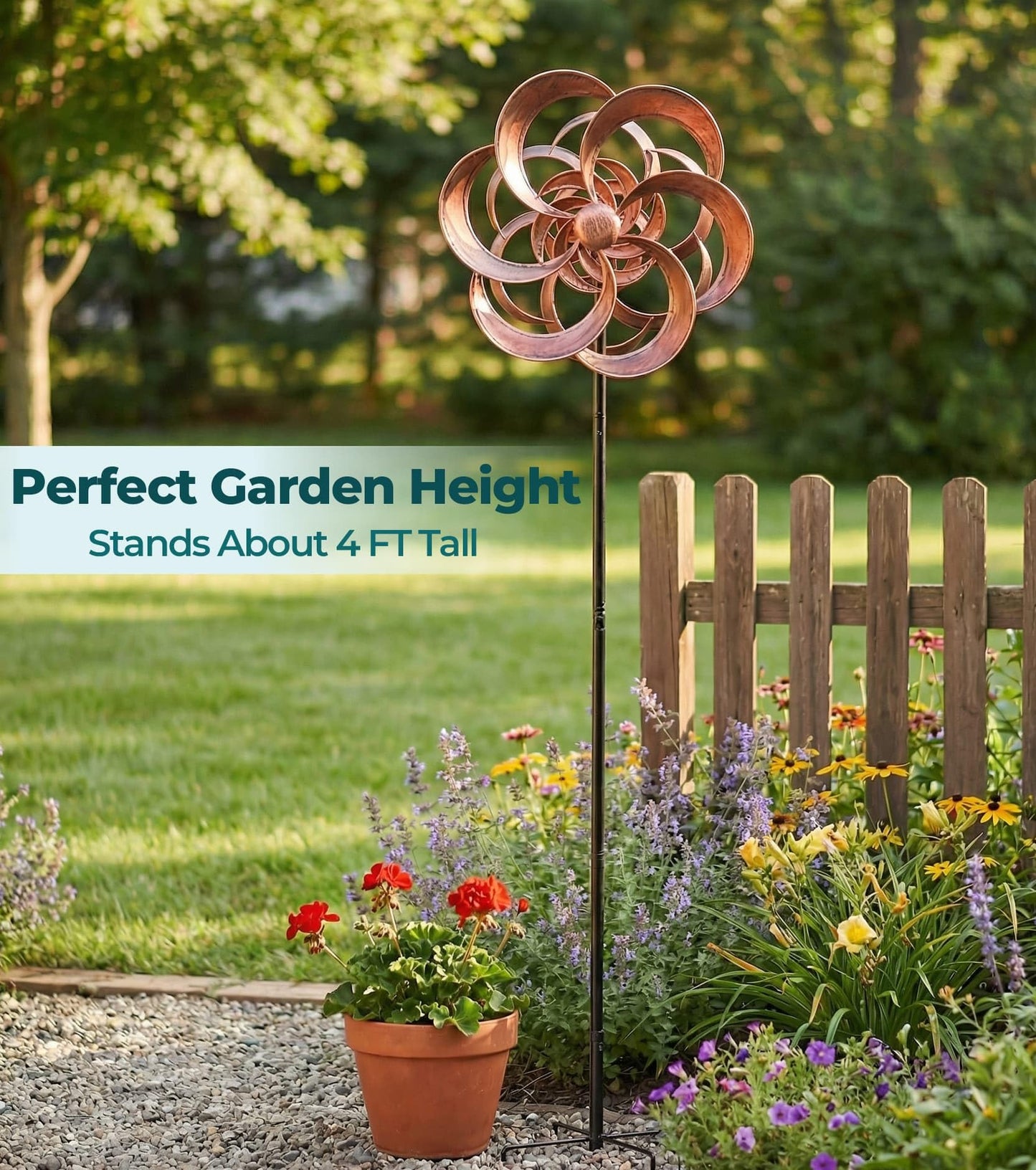 Gronhof 63" Metal Wind Spinner Outdoor, Double-Sided Kinetic Yard Spinner, Smooth Spinning Garden Decor, Stable 5-Prong Stake, Copper Yard Art for Lawn & Patio