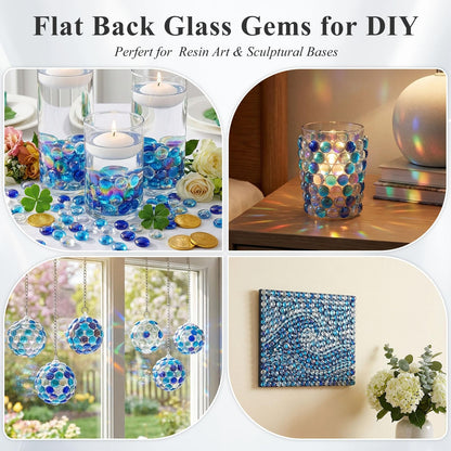 DomeStar 65PCS Iridescent Blue Flat Marbles, Decorative Glass Pebbles Beads Vase Fillers Decorative Fish Tank Aquarium Rocks for Centerpieces Table Decor