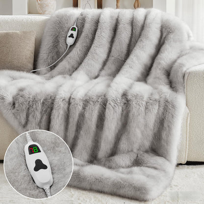 Heated Electric Blanket Throw,Octrot 50"X60" Faux Fur Heating Blanket Luxury Christmas Gifts Heavy Plush with 10 Heats Levels & 8 Hours Auto Off,Super Cozy Warm Fuzzy,Fluffy Decor Winter Warming,White